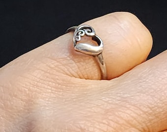 Ornate Heart Ring, Vintage Sterling Silver Midi Pinky Ring, Girls Friendship Ring