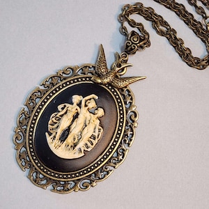 Triple Goddess Cameo Necklace with Sparrow Charm, Antiqued Bronze Pendant Vintage Style, Handmade Vintage Grand Millennial Jewelry