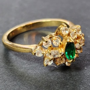 Vintage Size 6 Emerald CZ Ring, Green and Gold Ring, May Birthstone Faux Emerald Cubic Zirconia Cluster Cocktail Ring