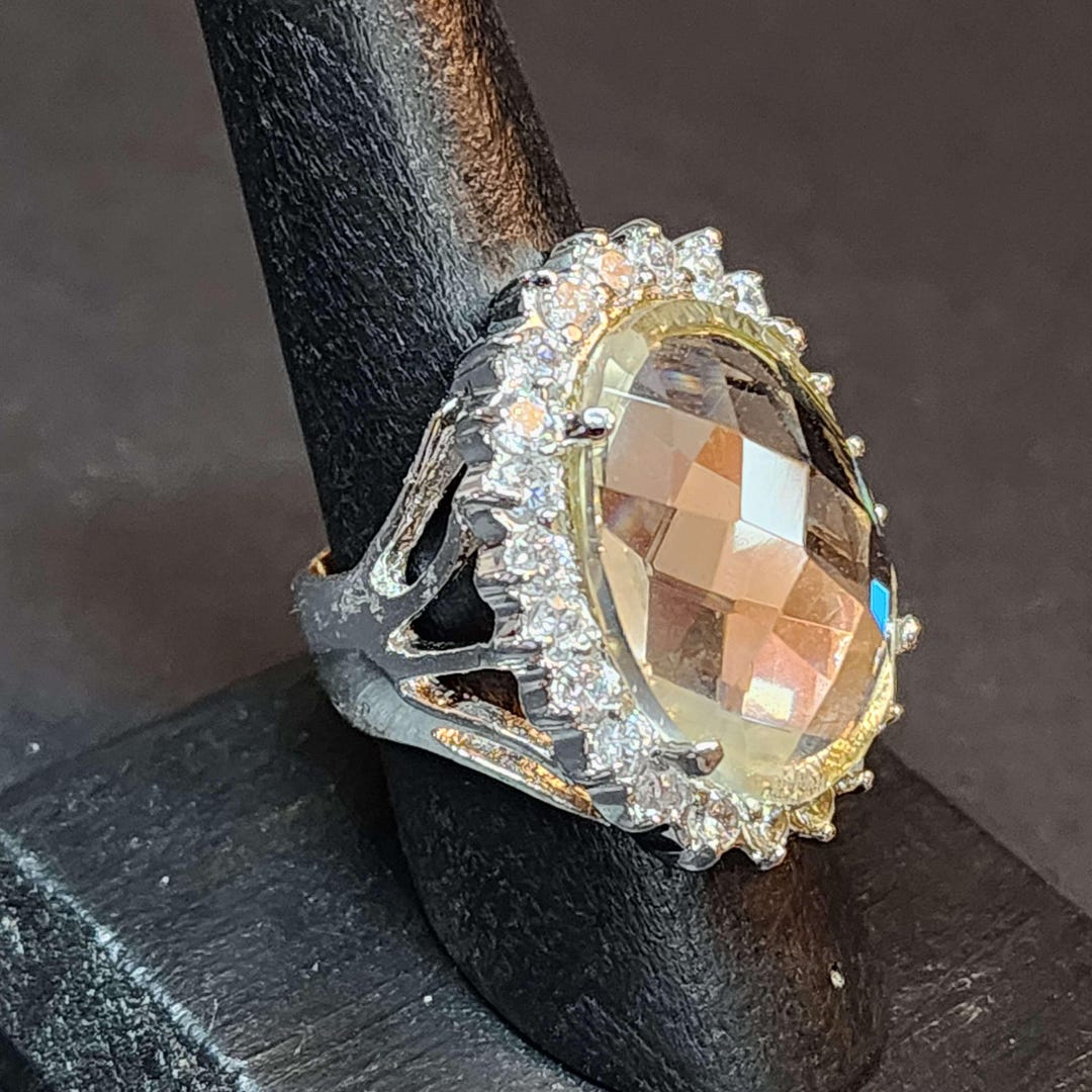 Huge Vintage Statement Ring, Large Unique Silver Faceted Clear Glass ...