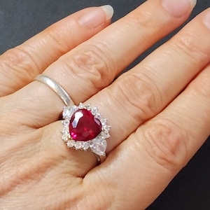 Sterling Silver Heart Ring, Ruby Red CZ Ring, Valentines Day Jewelry Halo Ring, Vintage Faux July Birthstone 925 Ring (Size 7 or 8)