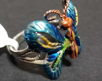Blue Enameled Sterling Silver Butterfly Ring Vintage 925 Silver Ring for Women
