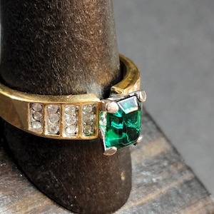 Vintage Gold Engagement Ring Size 10 Emerald CZ, Green Clear CZs, May Birthstone