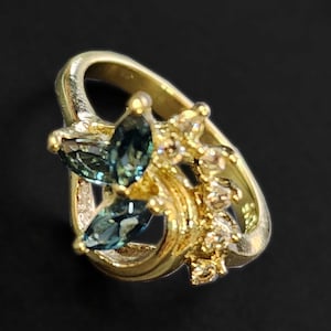 Sapphire CZ Engagement Ring, Gold Cluster Ring, Cocktail Ring, Blue Costume Ring