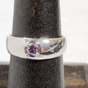 Size 6 Vintage Silver Engagement Ring, Purple Round CZ, Faux Amethyst Birthstone, Rhodium Plated Brass
