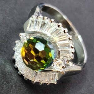 Size 7 Vintage Silver Swarovski Crystal Rainbow Ring, Cocktail Ring, Statement Ring