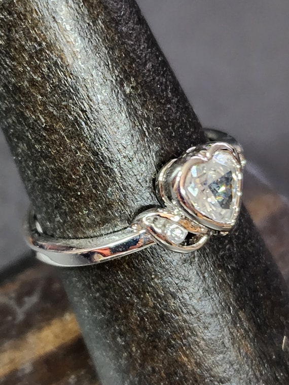 Vintage Heart Ring, Dainty Silver with Faux Diamo… - image 8