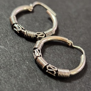 Aros de plata de ley de 15 mm, aros de plata antigua Bali con alambres finos, aros para hombre, aros para mujer, par de aros de plata