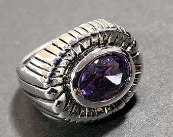 Size 6 CHunky Vintage Ring, Silver Ring, Purple Oval CZ Ring, Faux 'Amethyst' February Birthstone, Rhodium Plated Brass