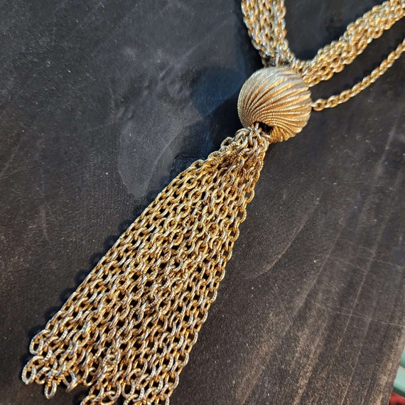 Vintage Chain Tassel Necklace, Gold Tone, Metal B… - image 1