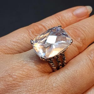 Stunning Large Ring Size 6 Clear CZ, Two-Tone Silver Gold Big Faux Diamond Huge Statement Ring Brass Cocktail Ring Triple Rope Band