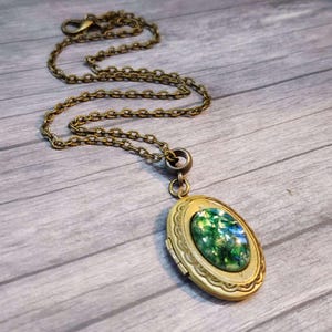 Green Glass Opal Cameo Style Locket Pendant Necklace, Handmade Vintage Antiqued Brass / Bronze Necklace