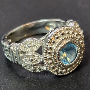 Size 7 Vintage Silver Engagement Ring, Light Blue Aquamarine CZ, March Birthstone Marquis