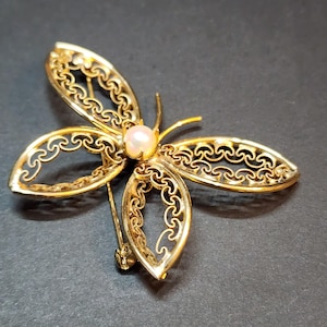 Vintage Gold Butterfly Brooch, Lapel Pin with Pearl