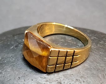 Mens Gold Ring, Brown Tiger Eye Stone Ring, Faceted Semi-Precious Gemstone Statement Ring Stainless Steel Gold Plated