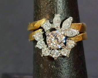 Size 5 Interlocking Gold Wedding Ring Set, Engagement Ring Set, Cluster with Clear Faceted Faux Diamond CZs Vintage