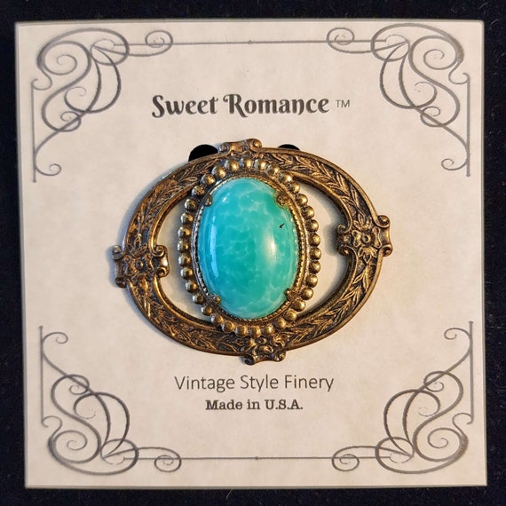 Vintage Sweet Romance U.S.A. Brooch w/ Green Glas… - image 1