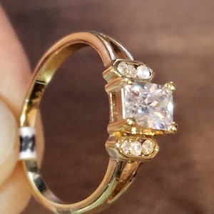 Engagement Ring | Vintage Gold Ring with Clear Faceted CZs Wedding Ring Faux Diamonds April Birthstone