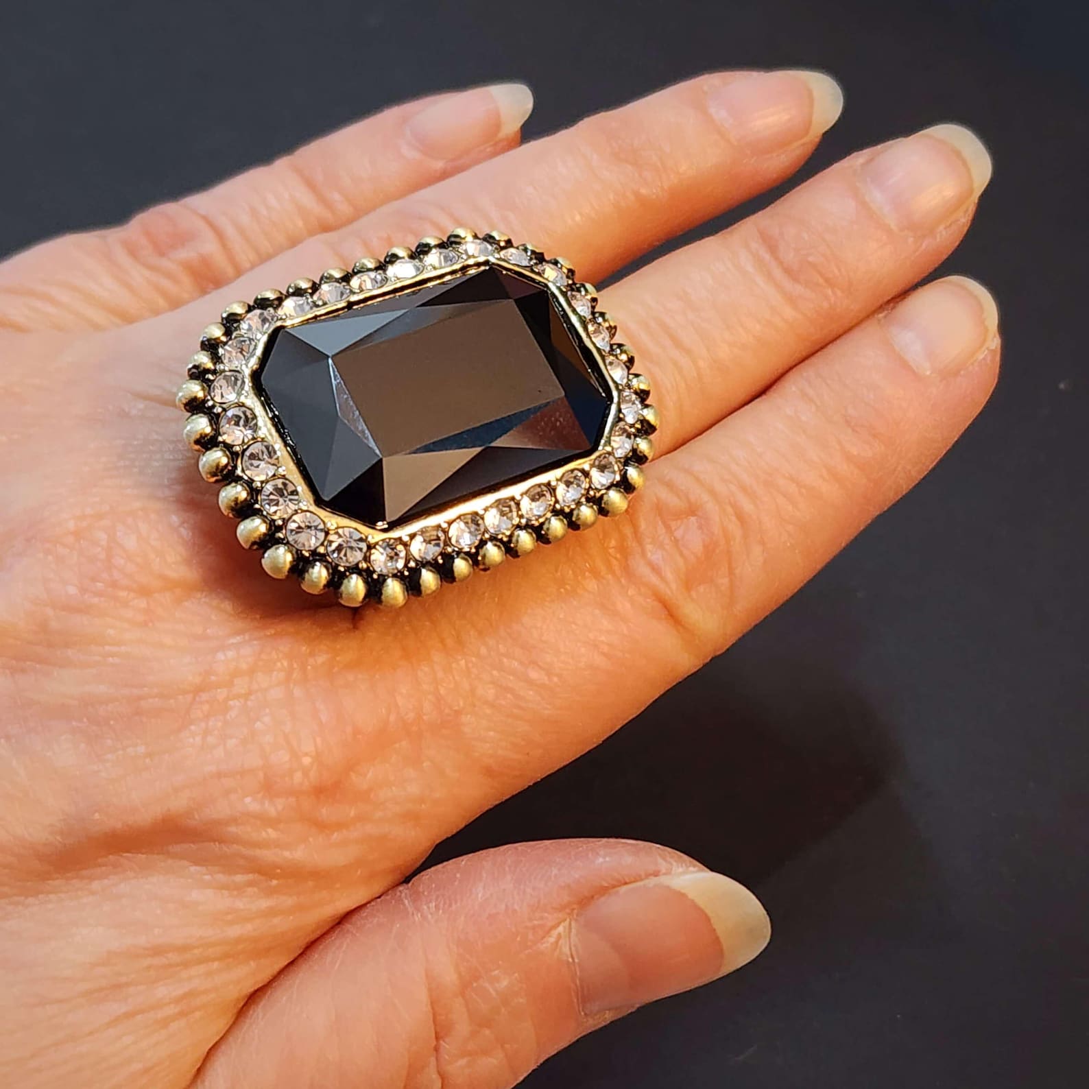 HUGE Vintage Black Statement Ring, Womens Large Big Brass Ring, Unique ...