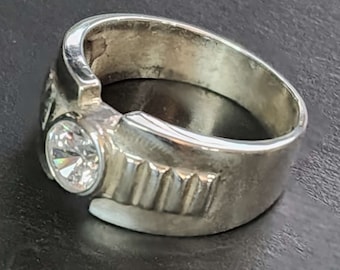 Vintage Sterling Silver Ring with Clear Faceted CZ, Mens 925 Statement Ring, Wedding Band