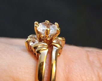 Size 5 Interlocking Gold Wedding Ring Set, Engagement Ring Set, Cluster with Clear Faceted Faux Diamond CZs Vintage