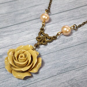 Elegant Tan Flower Necklace, Victorian inspired Rose Pendant, Neutral necklace, Handmade Jewelry
