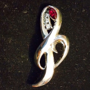 Vintage Silver Music Treble Clef Brooch, 1.8 Inch Pin with Garnet Red CZ