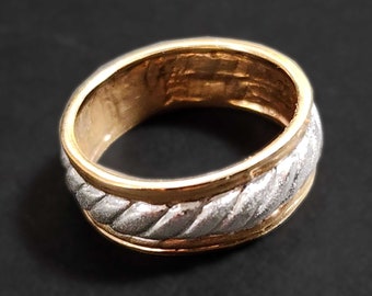 Two Tone Band Ring, Vintage Brass Ring, Matte Silver