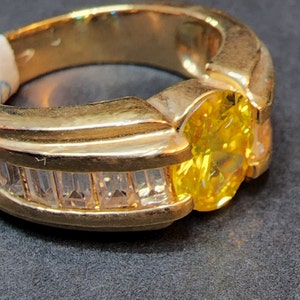 Size 6 Ring, Vintage Gold Pale Yellow CZ, Faux &#39;Topaz&#39; November Birthstone, Mens Pinky Ring, Engagement Band Ring