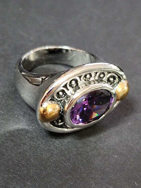 Heavy Ring Vintage Two-Tone with Purple Faceted CZ