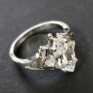 Vintage Silver Engagement Ring, Clear Faceted CZs, April Birthstone, Faux Diamond Marquise Costume Jewelry size 5 or size 6
