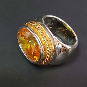Vintage Topaz CZ Ring, Chunky Size 6 Ring, Silver Ring, Yellow CZ, November Birthstone, Oval