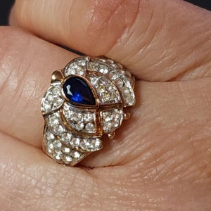 Size 6 Vintage Gold Ring, Brass Sapphire CZ Ring, September Birthstone, Statement Cocktail Ring, Blue CZ Mens Womens Ring