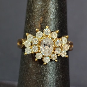 Size 5 Dainty Vintage Gold Cocktail Ring Cluster with Clear Faceted Faux Diamond CZs