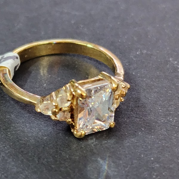 Dainty Vintage Gold Engagement Ring with Clear Faceted Faux Diamond CZs Emerald Cut