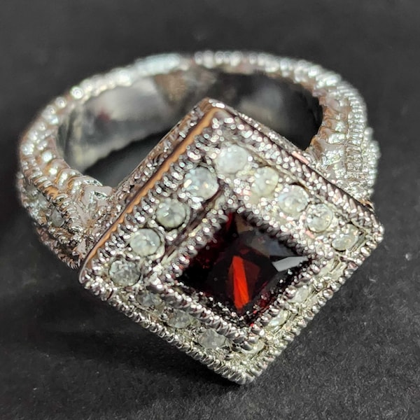 Art Deco Ring, Vintage Women's Ring, Halo Ring, Silver Red Cubic Zirconia CZ Faux Garnet January Birthstone