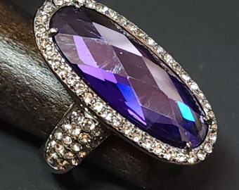 Huge Purple and Black Ring, Statement Ring, Goth Faceted CZs Cubic Zirconia Cocktail Ring, Steel