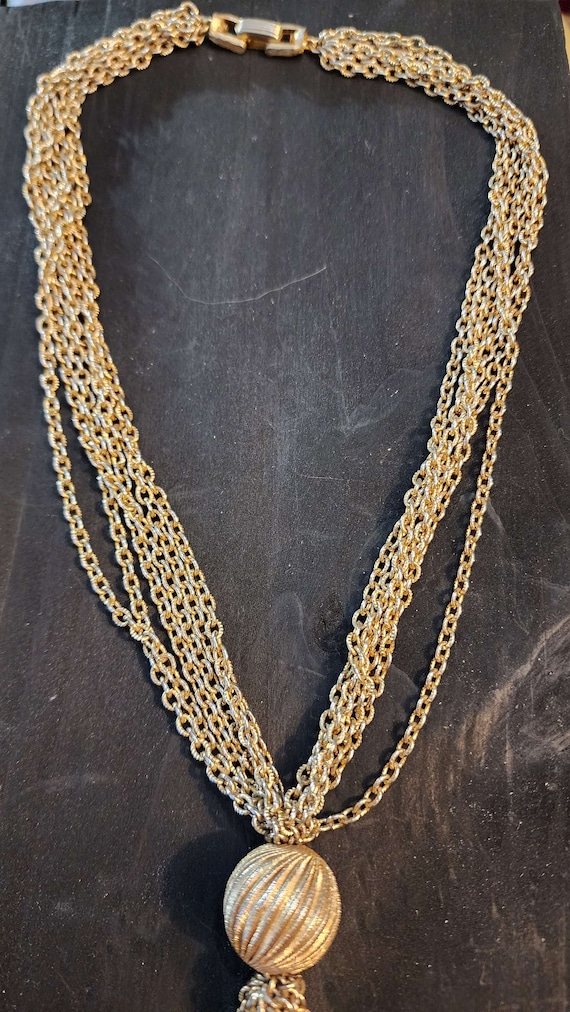 Vintage Chain Tassel Necklace, Gold Tone, Metal B… - image 4