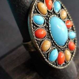 LARGE Vintage Adjustable Fashion Ring Faux Turquoise Coral Boho Hippie