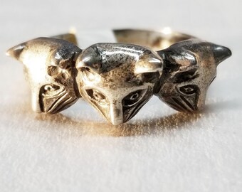 Vintage Sterling Silver Three Cat Head Ring