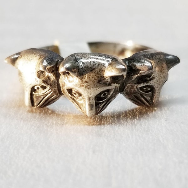 Vintage Sterling Silver Three Cat Head Ring