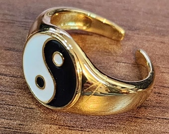 Bague Yin Yang Or Laiton 13 mm Ronde Émail Homme Femme Unixex