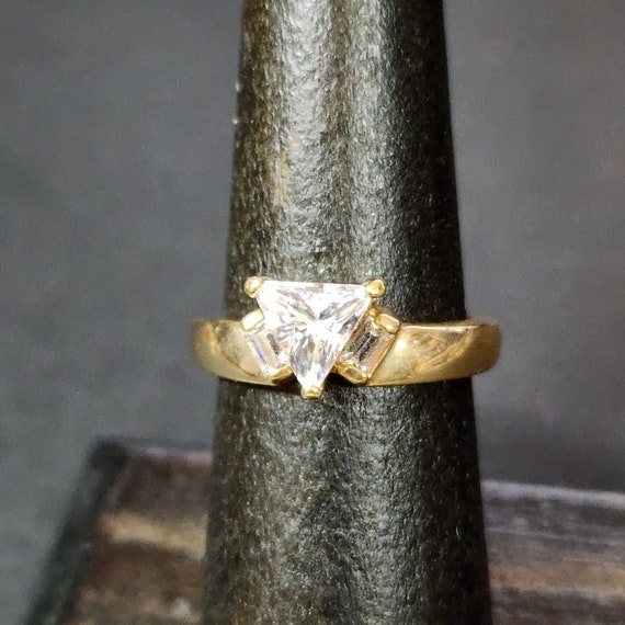 Dainty Vintage Gold Engagement Ring, Trilliant Tr… - image 1