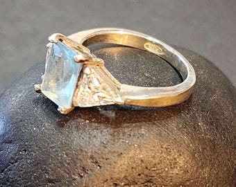 Blue Topaz CZ Sterling Silver Ring, Vintage Womens Birthday Gift Statement Ring March Aquamarine December Topaz Birthstone