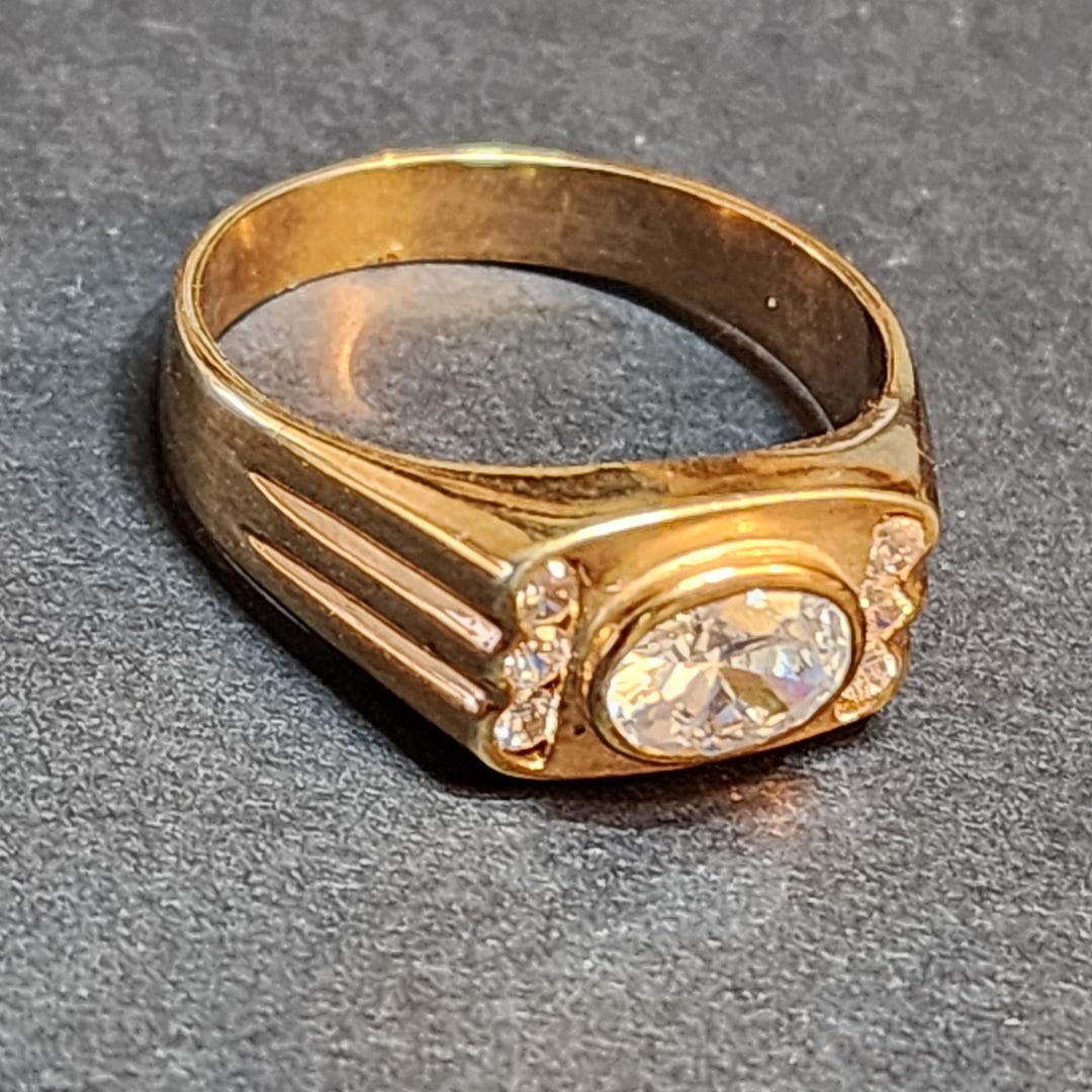 Mens Vintage Brass Ring, Size Ring With Faceted Clear Czs