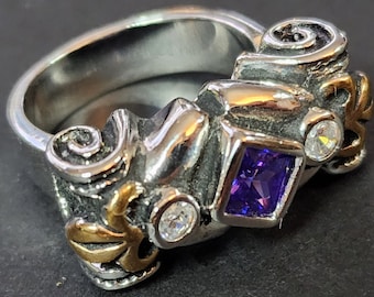 Size 7 Vintage Art Deco Ring, Purple CZ, Faux 'Amethyst' February Birthstone Brass Ring