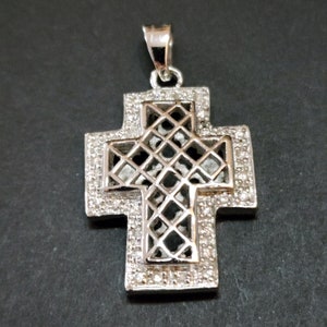 1.25 Inch Vintage Sterling Silver Cross Pendant Thick, Clear CZ Jewelry, Religious Christian Necklace 925 Silver Cross Love