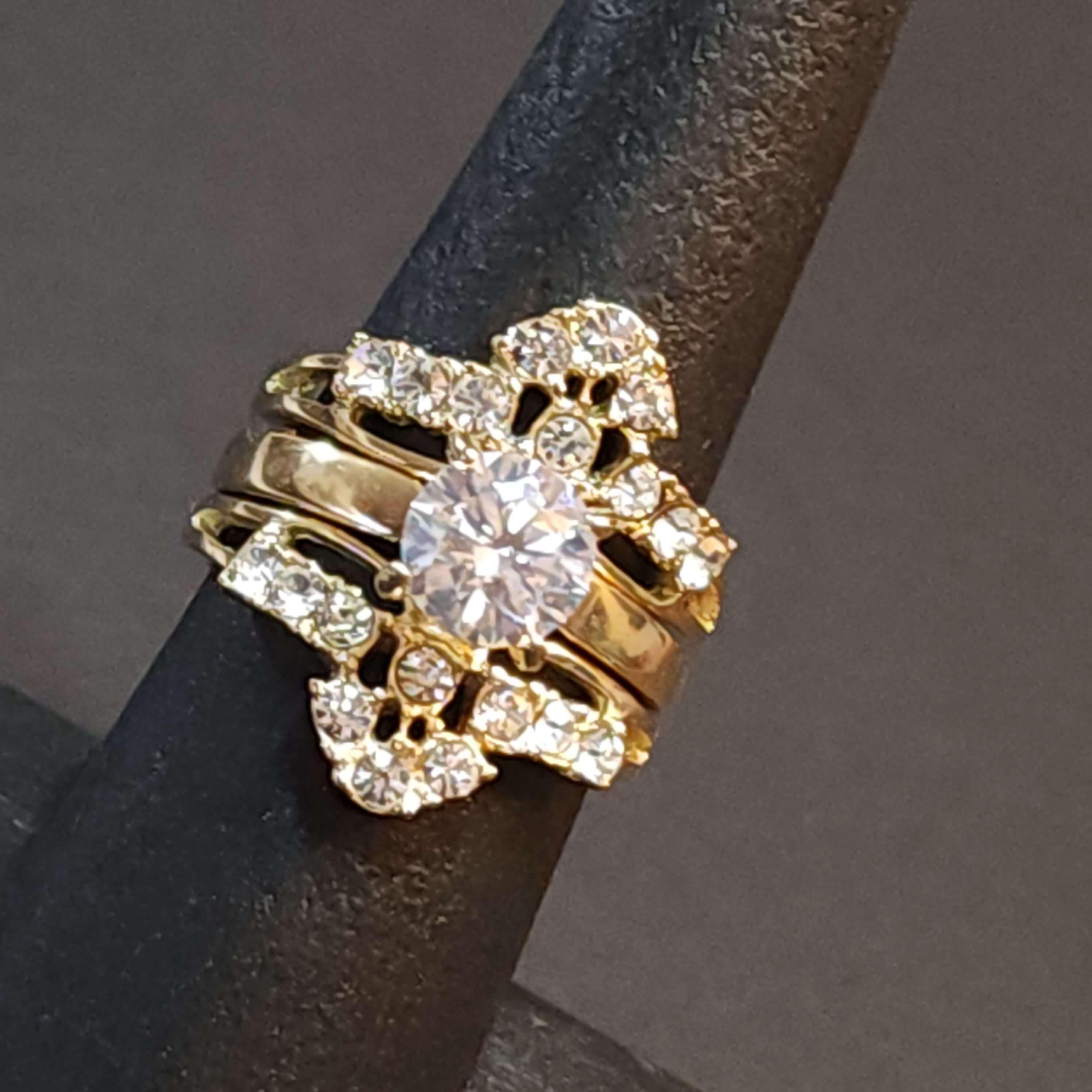 Interlocking Gold 3 Piece Wedding Ring Set Engagement Ring Set Clear Faux Diamond CZ Solitaire Ring Steel Ring Etsy
