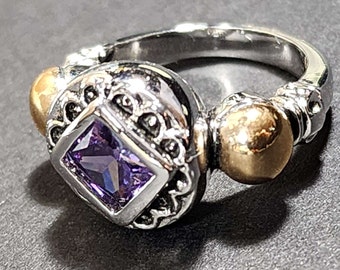 Size 5 Chunky Two Tone Art Deco Vintage Ring, Purple CZ Ring, Faux 'Amethyst' February Birthstone, Rhodium Plated Brass