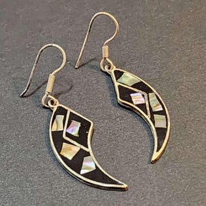 Vintage Black Alpaca Mexico Silver Earrings, Shell Inlay Dangle Pierced Earrings